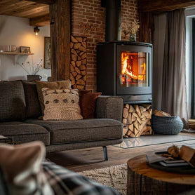 Holzbriketts brennen in einem modernen Kamin, effiziente Wärme erzeugend