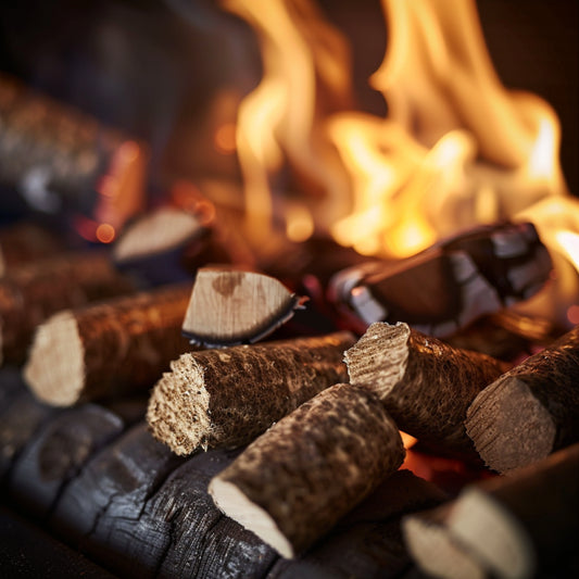 Holzbriketts brennen in einem modernen Kamin, umweltfreundliche Wärme erzeugend