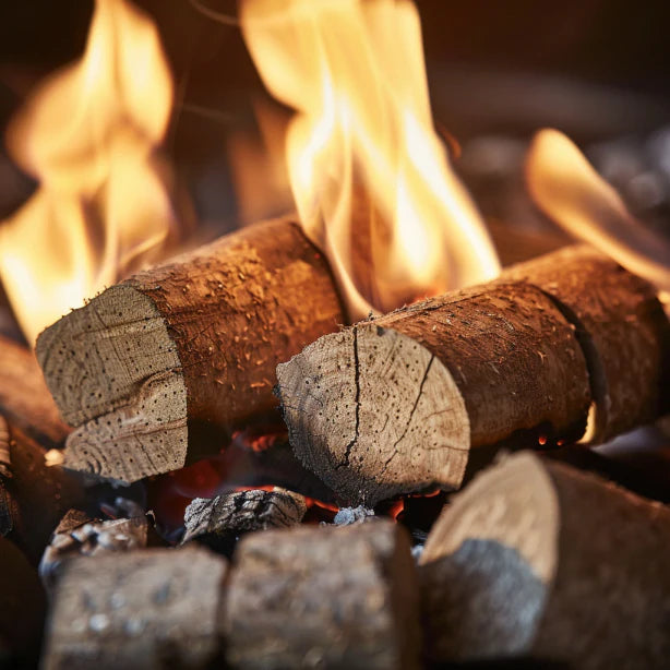 Holzbriketts in einem Kamin, umgeben von Anzündwürfeln, bereit zum Anzünden