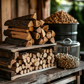 Nahaufnahme von Holzbriketts und Pellets, die ihre unterschiedlichen Formen und Größen zeigen